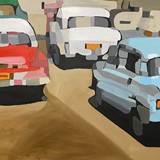 Auta w ruchu, akryl na płótnie, 100x70cm, 2025