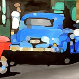 Czerwony, niebieski i biały samochód, akryl na płótnie, 100x60cm, 2025