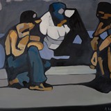 Dyskusja przy ulicy, olej na płótnie 70x55cm