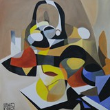 Martwa natura z czajnikiem, akryl na płótnie, 80x80cm, 2023 