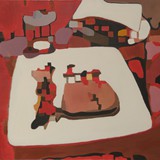 Śniadanie na czerwonym obrusie, akryl na płótnie, 120x80cm,  2013