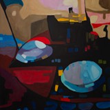 Stolik z czarną lampą, akryl na płótnie 100x150cm, 2016