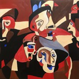 Niechciana bliskość w metrze, olej na płótnie, 70x70cm, 2024