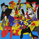 Party przy muzyce Albero Rosado, olej na płótnie, 100x100cm, 2023