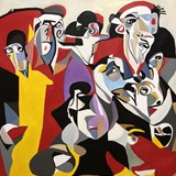 Party przy muzyce Bartoka, olej na płótnie, 100x100cm, 2023