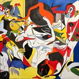 Party przy muzyce Jonathana Harveya, olej na płótnie, 100x100 cm, 2024