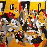 Party that can’t end-tribute to Bunuel’s film, olej na płótnie, 100x100cm, 2024