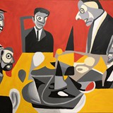 Przy stole, akryl na płótnie, 140x100cm, 2023