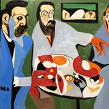 Stolik dla dwóch, olej na płótnie, 70x70cm, 2024