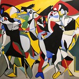 Taniec przy muzyce Czernowina, olej na płótnie, 100x100cm, 2024