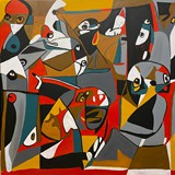 W sklepie z maskami,  akryl na płótnie, 80x80cm, 2025