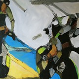 Kolarze na torze, akryl na płótnie 70x100cm, 2021