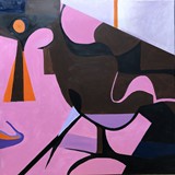 Różowe wnętrze z fotelem, akryl na płótnie, 90x90cm, 2023 