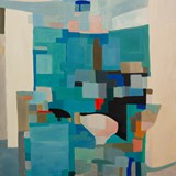 Wnętrze kuchni z hokerami, olej na płótnie, 70x100cm, 2014